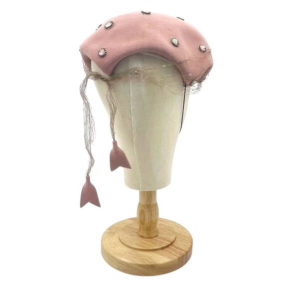 Vintage 1950s Sequin Bead Studded Pink Velour Mesh Veiled Juliet Cap Hat Beret - Picture 10 of 15